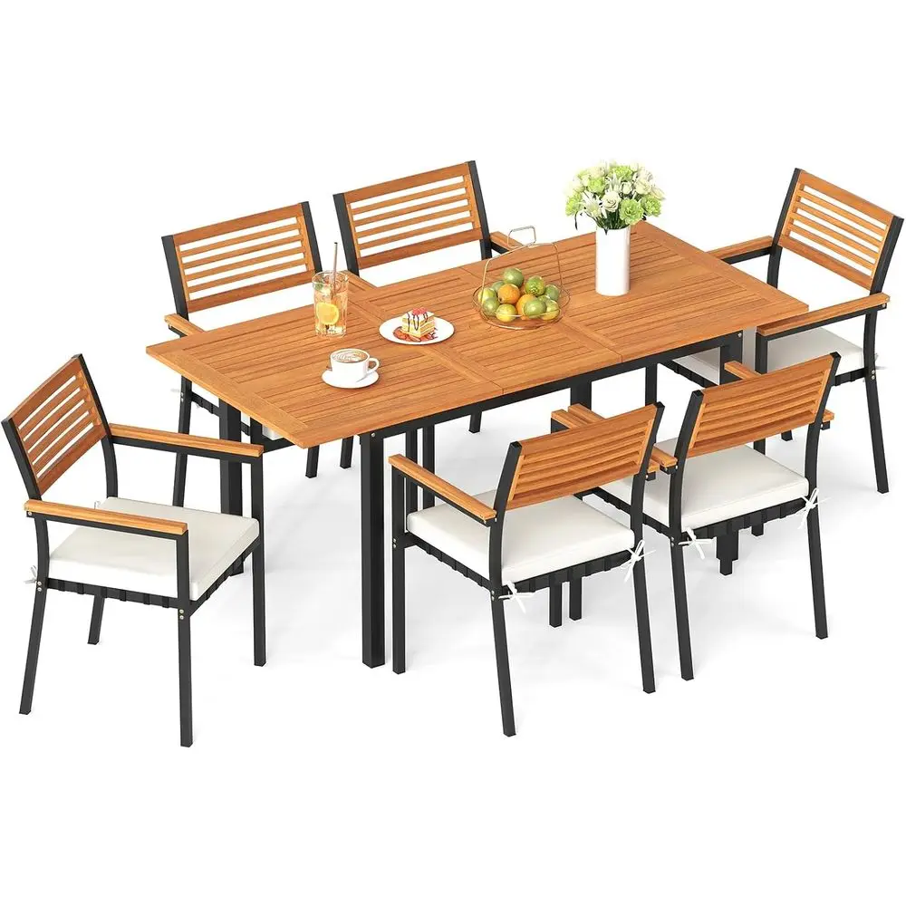 

Expandable Acacia Wood Patio Dining Set with Cushioned Chairs and Umbrella Hole, 6 Stackable Armchairs, Poolside Garden Style (W