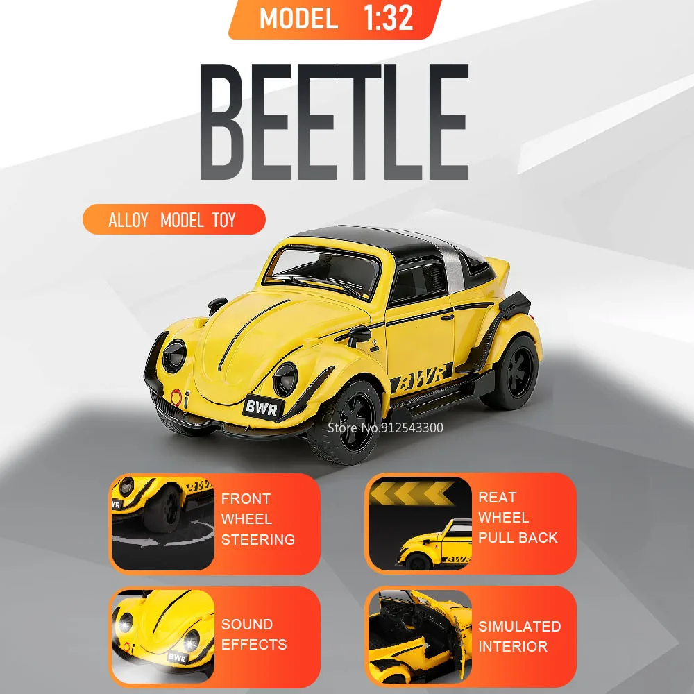 

Масштабная модель автомобиля Volkswagen Beetle Santana 1:32, игрушка с амортизацией, открывающиеся двери, ретро-автомобиль, металлическая литая модель, декоративный подарок