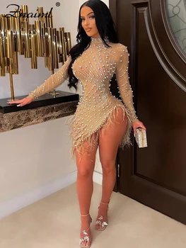Znaiml luxo 2023 noite celebridade penas pura malha vestidos curtos para mulheres sexy pérolas strass festa de aniversário vestidos