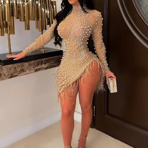 Znaiml-vestidos curtos de malha pura para mulheres, pérolas sexy, penas, strass, noite, celebridade, festa, aniversário, luxo, 2023 6 principais vendas vestidos de pelos - №5