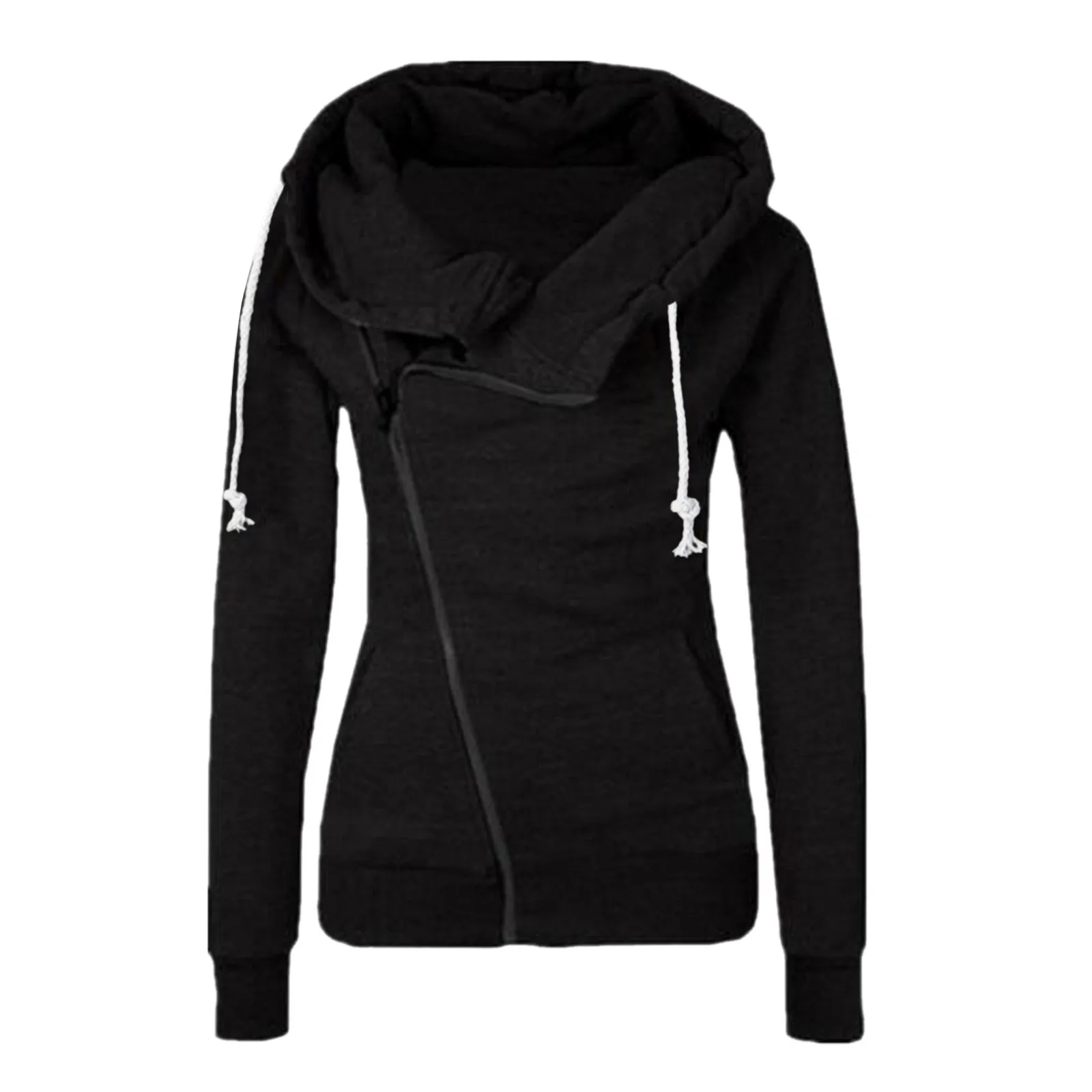 Sudadera con capucha de Color liso para mujer, abrigo informal de entrenamientos deportivos, jersey con cuello de bufanda y cremallera, Sudaderas de