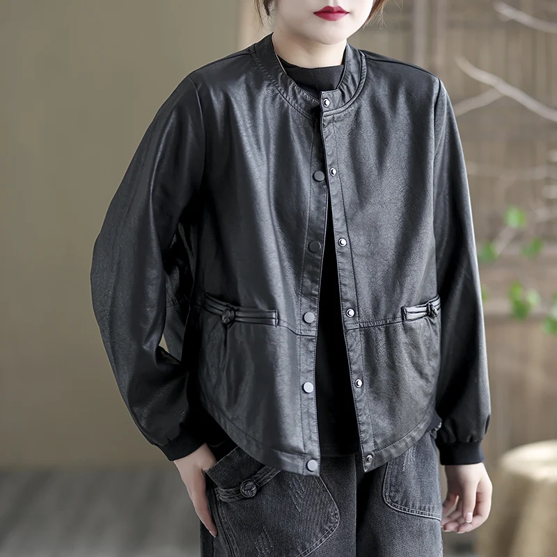 Chaqueta Corta de Cuero para Mujer, Ropa de Abrigo de Otoño, Estilo Motero de Alta Gama, Cuello Alto, Manga Larga, Abrigo de ...