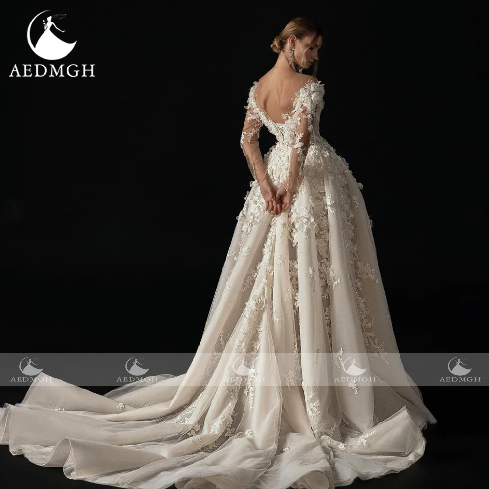 Aedmgh-Robes de mariée élégantes A-Line, col bateau, manches longues, appliques en dentelle, fleurs, chic, robe de patients sur mesure