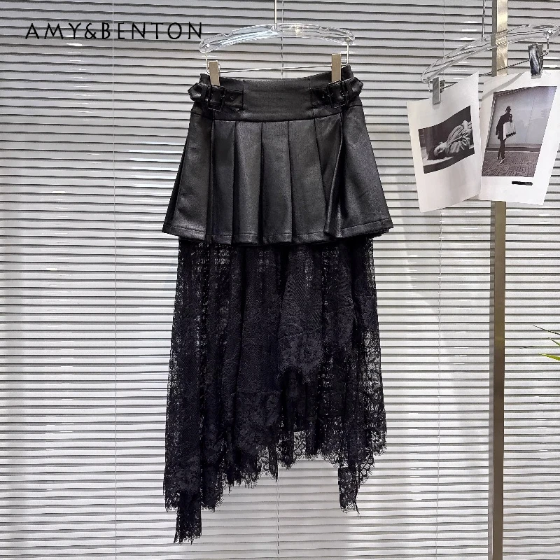 

Retro Design Fashion Buckle Waist PU Leather Women's Pleated Skirt 2026 Spring Summer New Black Lace Splicing Long Skirts Ladies