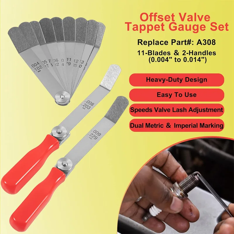 A308 Offset Valve Tappet Gauge Set, 11-Blades Feeler Gauge/Feeler Blade with Two Handles (0.004