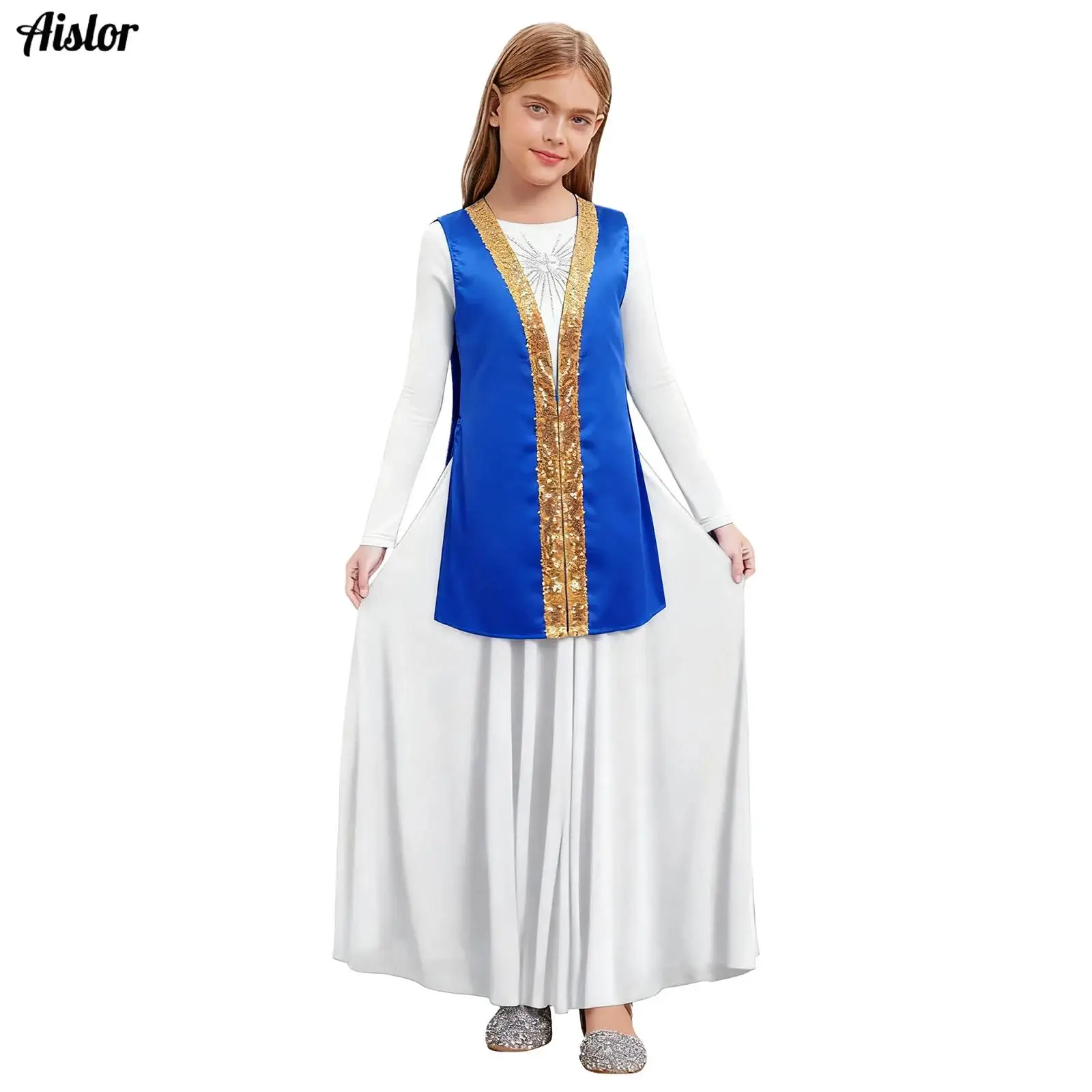 

2Pcs Kids Girls Liturgical Praise Dance Dress Worship Robe Sleeveless Sides Split Sequins Satin Vest Coat+Long Sleeve Maxi Dress