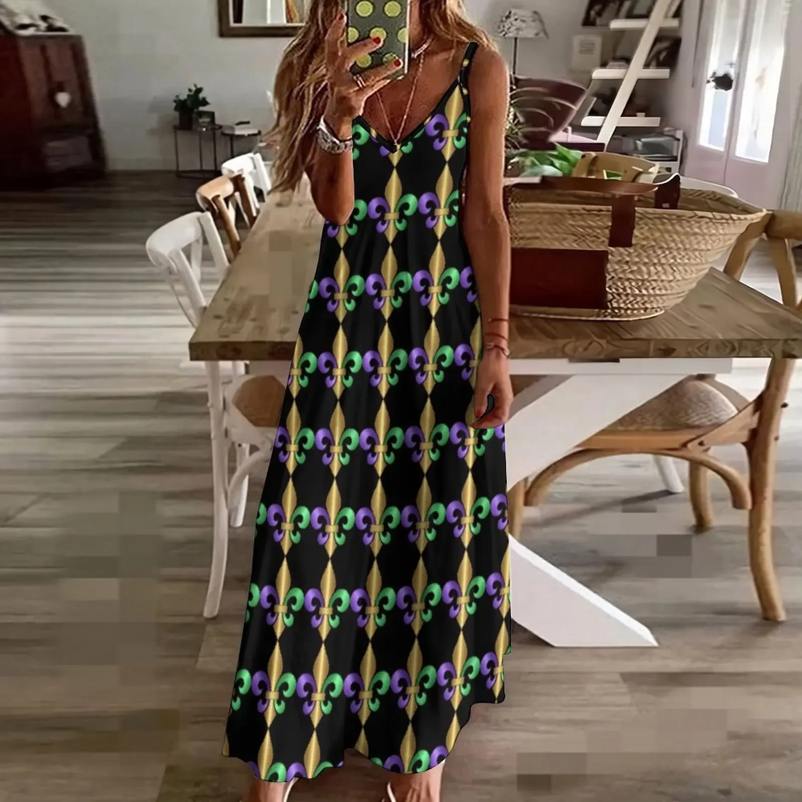 Purple Green and Gold Fleur-de-Lis Symbol Sleeveless Dress luxury dresses summer women's dress 2024