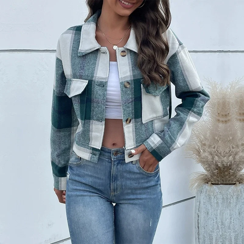 

Streetwear Shirt-style Plaid Short Jacket Women's Woolen Coat Spring Autumn Single-breasted Loose Outerwear Lady Casual Jackets
