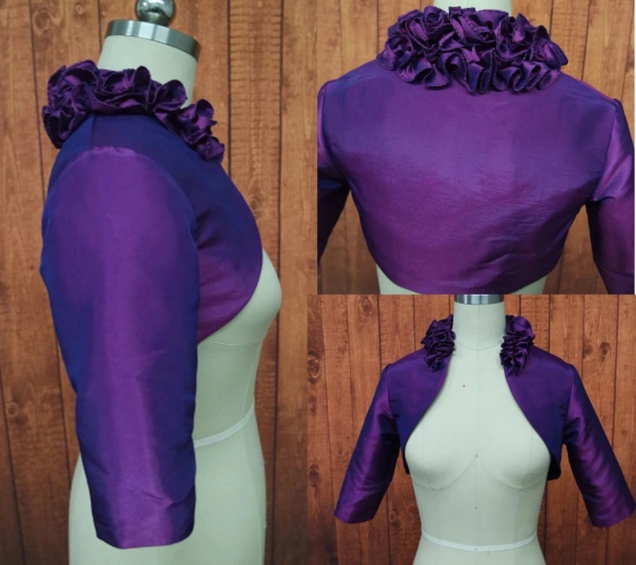 Ruffles Flowers Three Quarters Sleeve Wedding Jacket Bridal Taffeta Purple Bolero Jackets Party Shrug