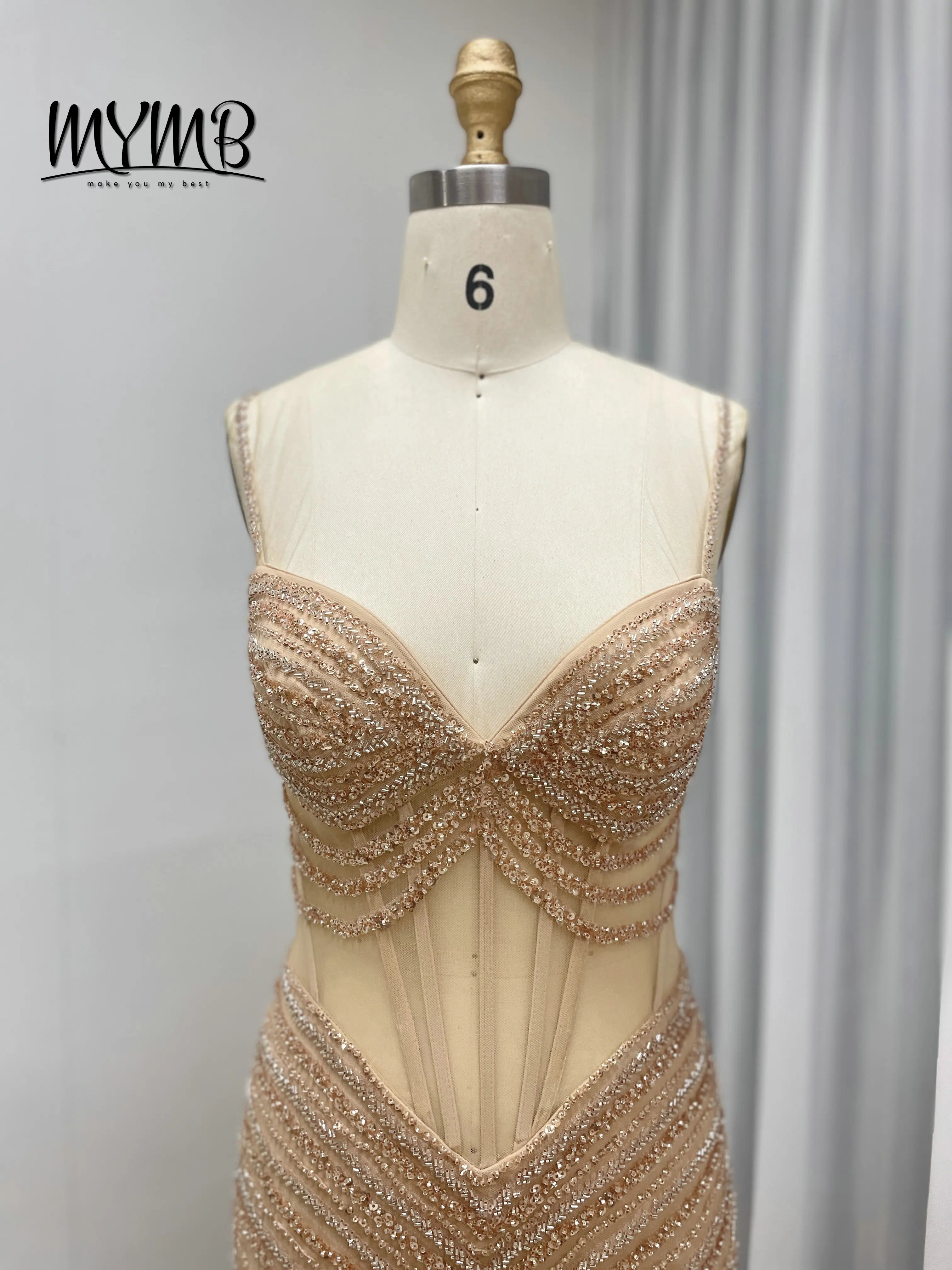 MYMB Sexy Sheer Waist Spaghetti Strap Golden Mermaid Prom Evening Gown With Sparkle Exquisite Beaded Embroidery Sequin MC20075B - view 4