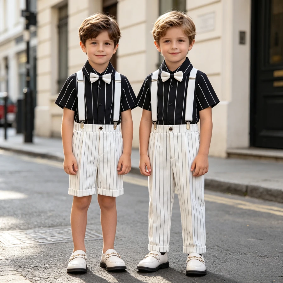 Boys Suspender Outfit Short Sleeve Shirt Trousers Bow Tie Kids Formal Suit Wedding Ring Bearer Birthday Stage Costume for 3-12Y