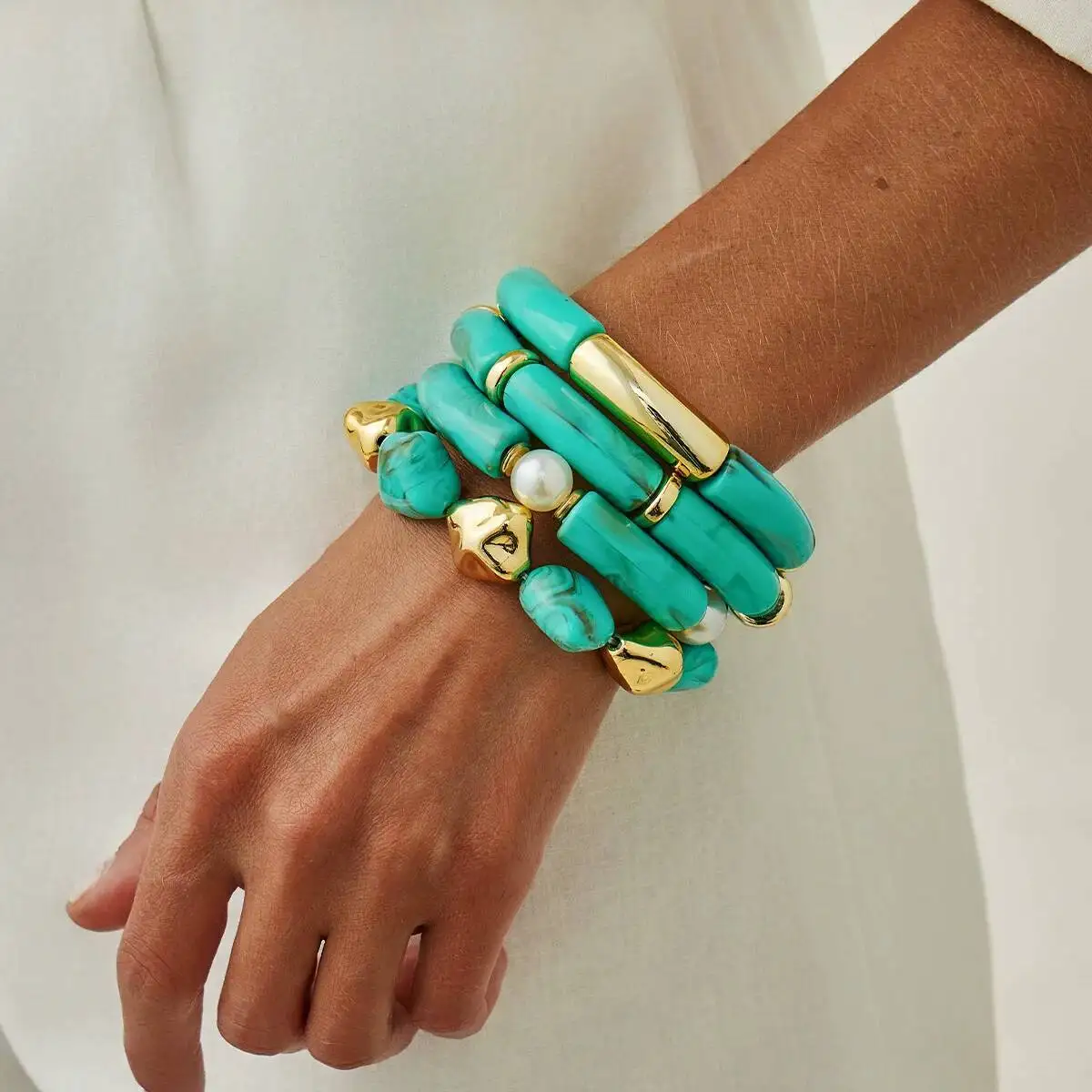 SHIXIN Bohemian Elasticity Blue-Green Acrylic Bracelet Women Retro Irregular Tube Beaded Bracelet Cuff Bangle Party Jewelry Gift