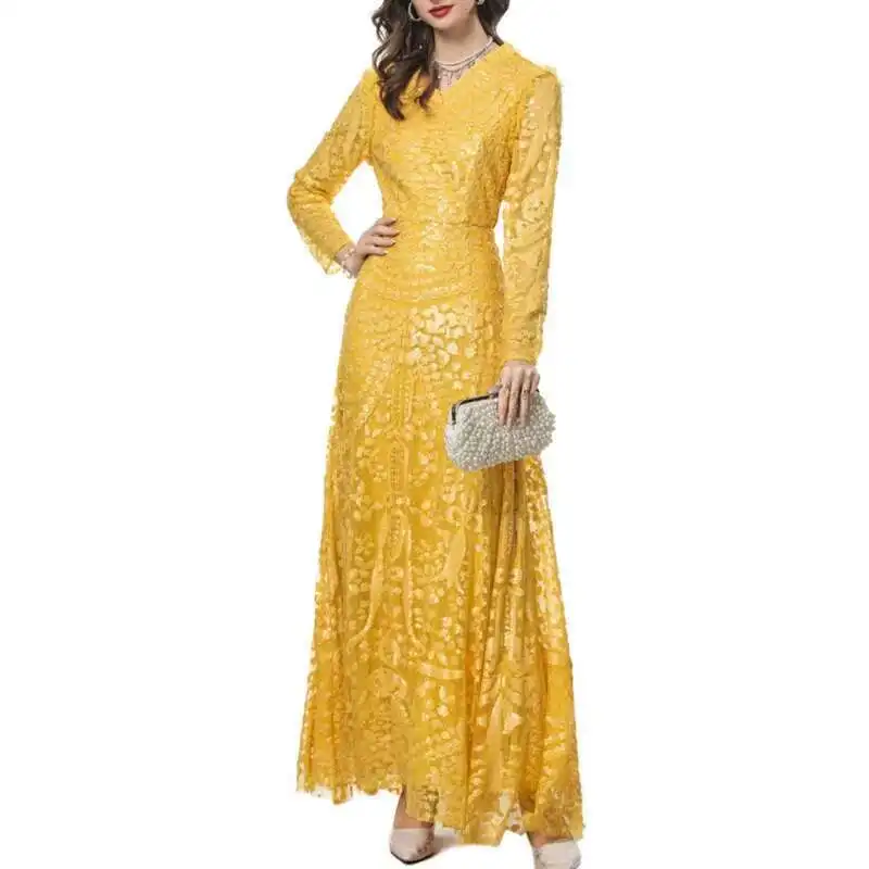 QMQA Fashion Women's Evening Dress Yellow Sequins Spliced V-neck Long Sleeve Elegant Banquet Dresses 2025 Spring New QM297