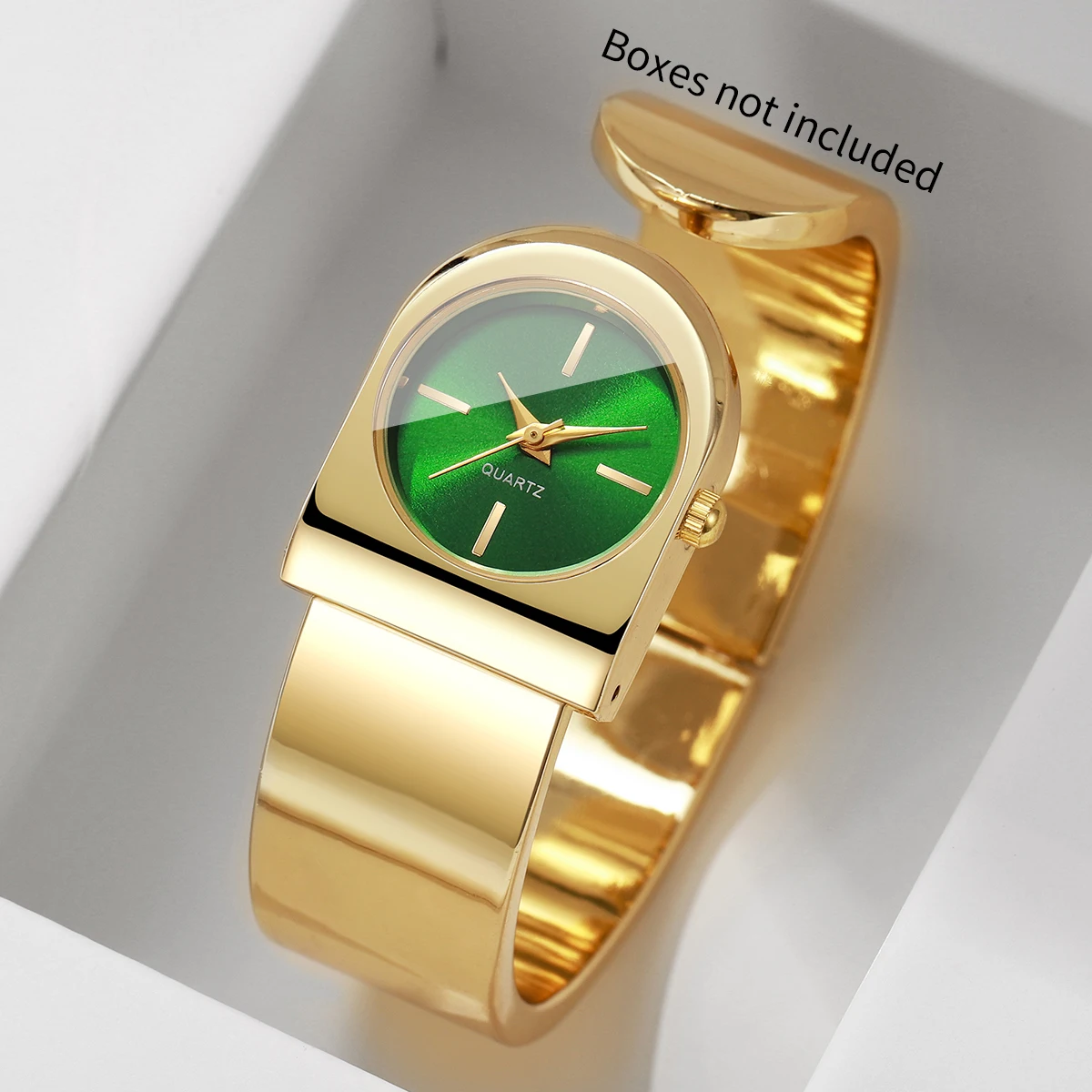 Fashion Golded Cuff Bangle Strap Women Watches Unique Green Dial Quartz Wristwatch Chic Clock Relogio Feminino (Without Box)