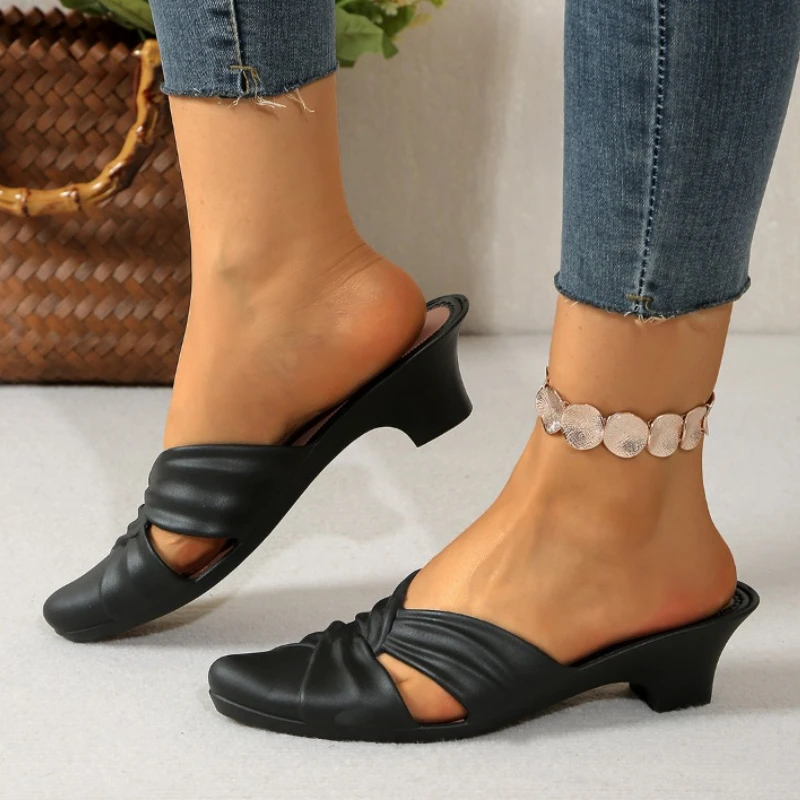 

Сандалии Baotou женские с заостренным носком, повседневные модные тапочки на среднем каблуке, с геометрическим узором, летняя обувь