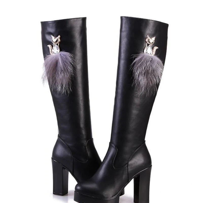 

Осень-зима Очень высокий каблук с круглым носком Женские туфли до колена Pu New in Y2k Удобные и элегантные женские длинные сапоги 39