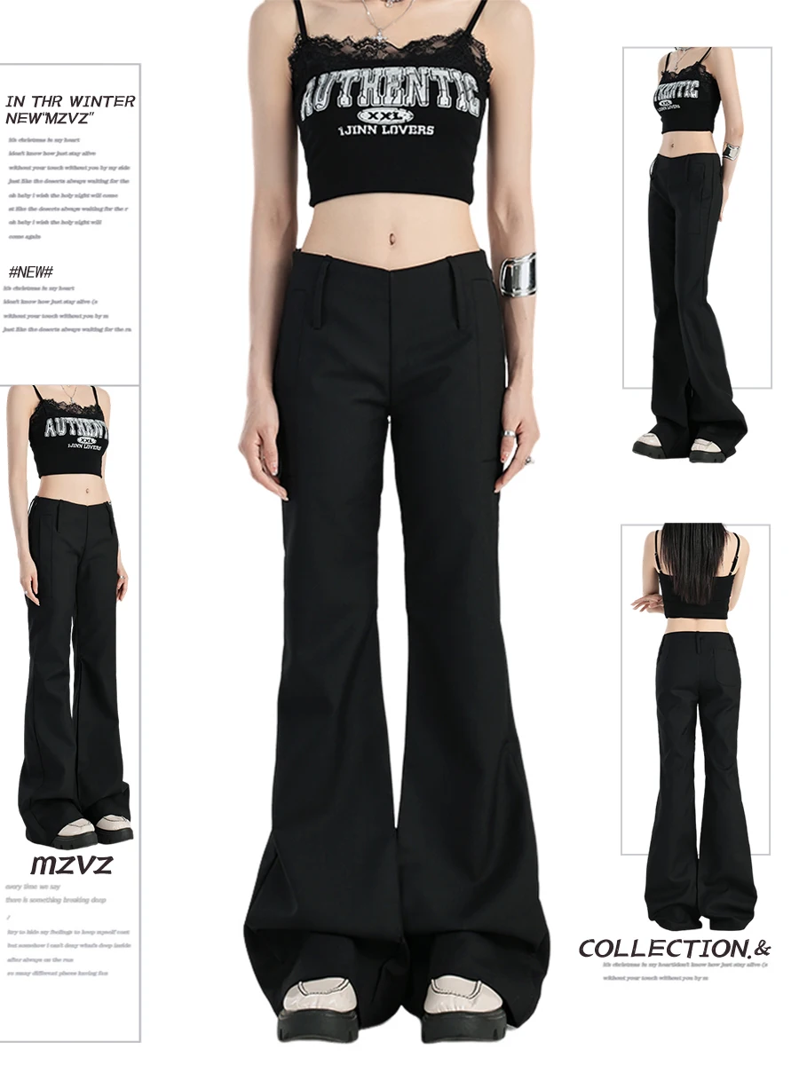 Damskie spodnie dzwony z niskim stanem na jesień i zimę 2025, w stylu kokieteryjnym Gyaru, Y2k, nowości w kolorze czarnym, Harajuku, Kpop, długie spodnie z zakładanymi nogawkami.