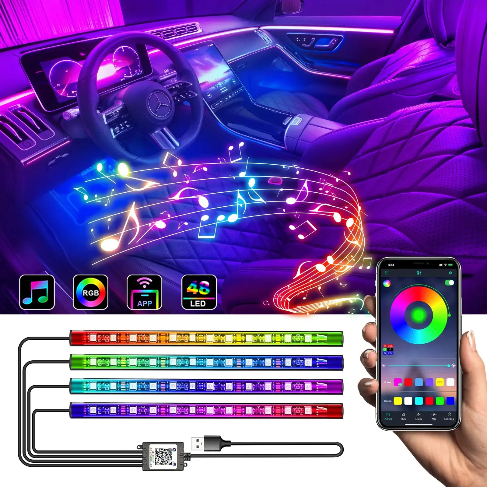 48/72 LED Car Interior Ambient Light RGB Foot Backlight Strips USB App Remote Voice Control Neon Auto Atmosphere Decorative Lamp