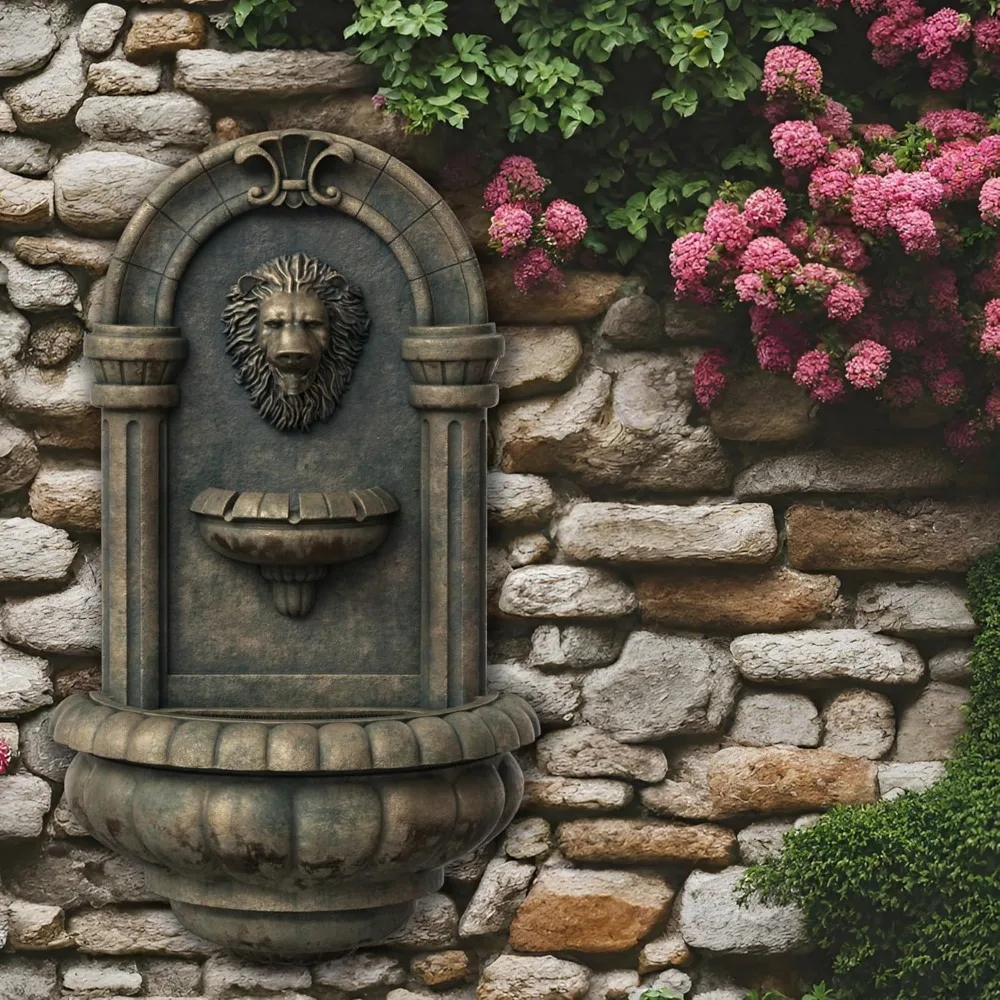 

Wall-mounted Lion Head Stone Outdoor Fountain with LED Lights, Antique Bronze Color, 32"