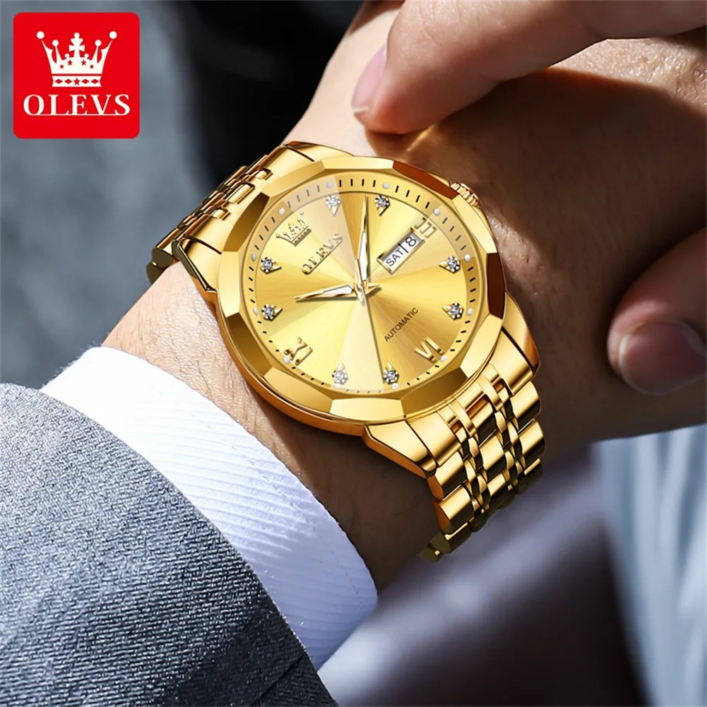 OLEVS Automatic Movement Mechanical Watches for Couple Luxury Golden Stainless Steel Self-winding Lover\'s Watches Pair Men&Women