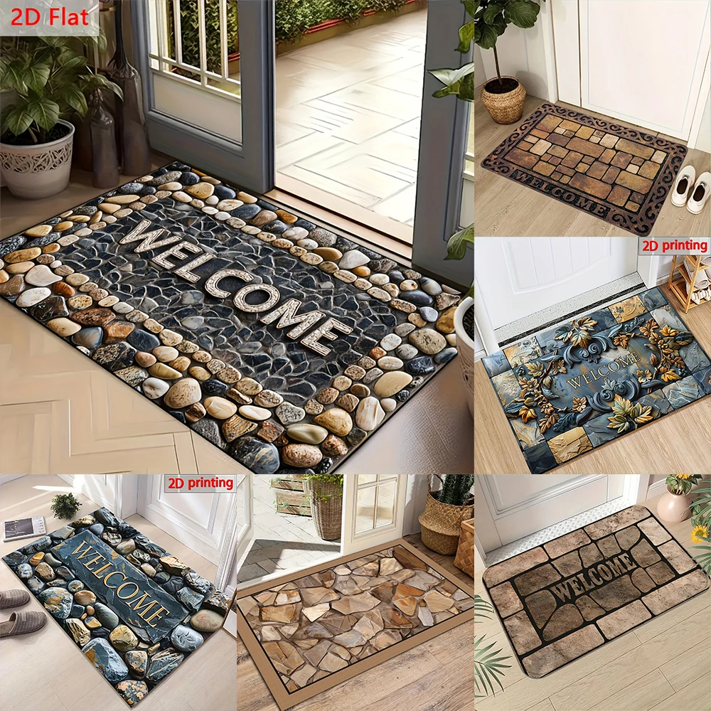 2D Flat-1pc Welcome Doorway Stone Mats , Suitable for entrance, kitchen, living room, rectangular carpet decoration.