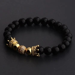 Micro Pave White Zircon Crown & Bar Charm Bracelet Men Black Stone Hand Jewelry Beads Bracelets Elastic Stretch Homme Bracelet
