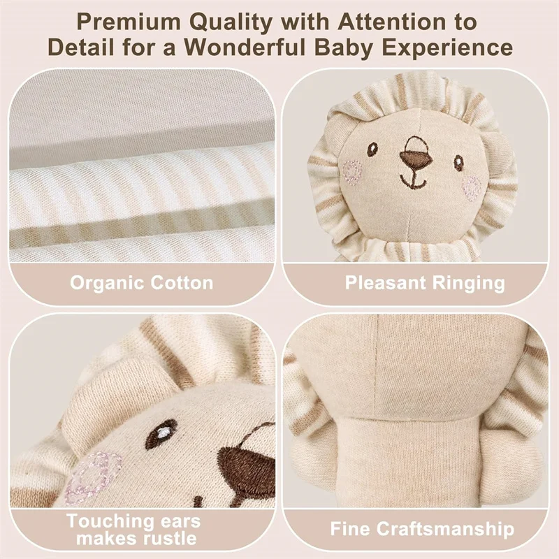 Plush Baby Soft Rattle Toys Set, Beige Lion Fox Elephant Infants Stuffed Animal Plush Rattle Sensory Toys, 2 PCS