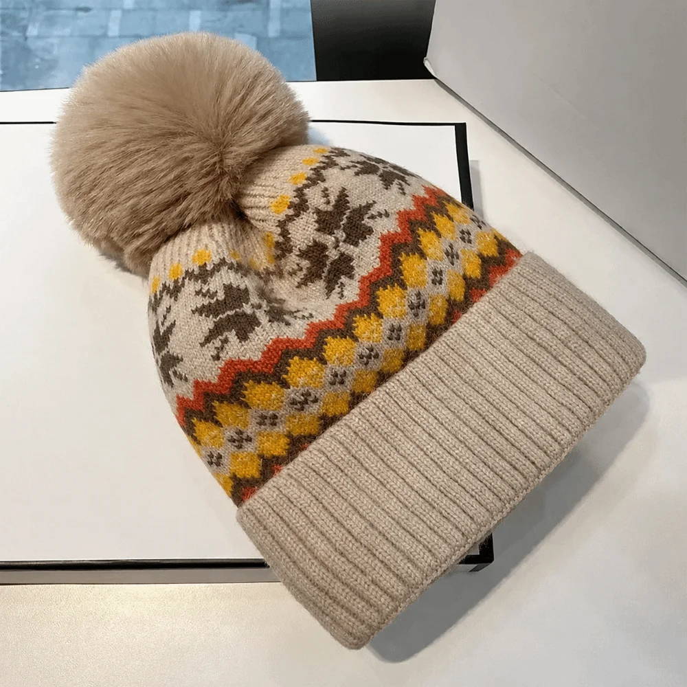Soft Thicken Knitted Beanie Cap Pom Pom Decoration Snowflake Pattern Winter Warm Hat Windproof Warm Lining Velvet Hat Daily Wear