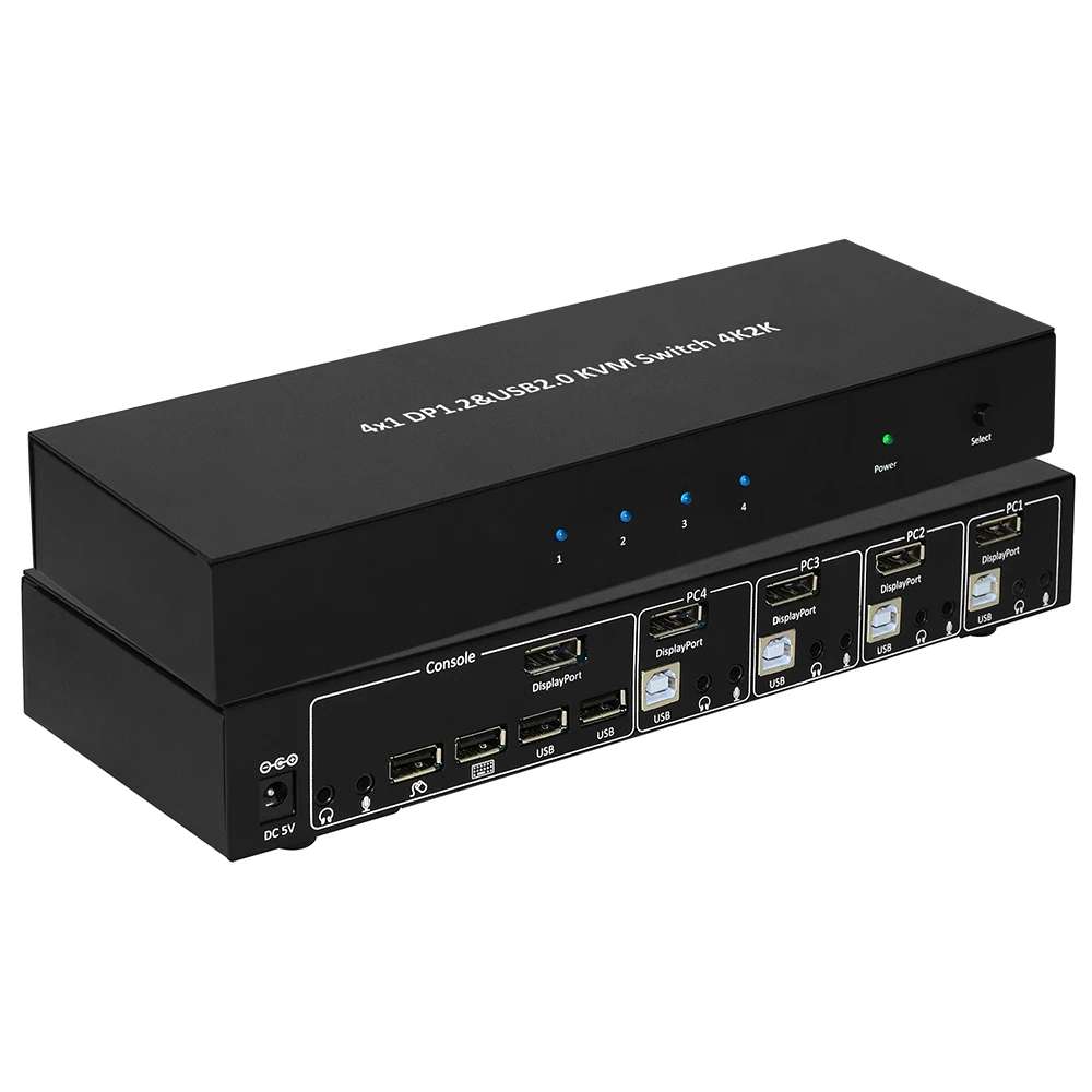 4x1 DisplayPort  1.2 & USB 2.0 KVM Switch Metal Housing w/ USB Keyboard, Mouse, Audio & Microphone Port w/Power Adapter