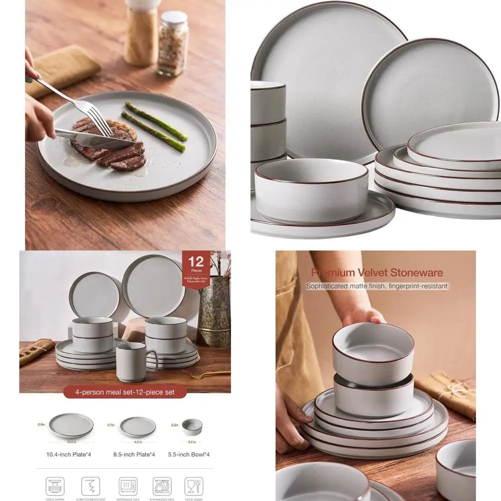 

Набор столовой посуды из керамики на 4 человека, светло-серые тарелки и миски из 12 предметов, безопасный для микроволновой печи и посудомоечной машины