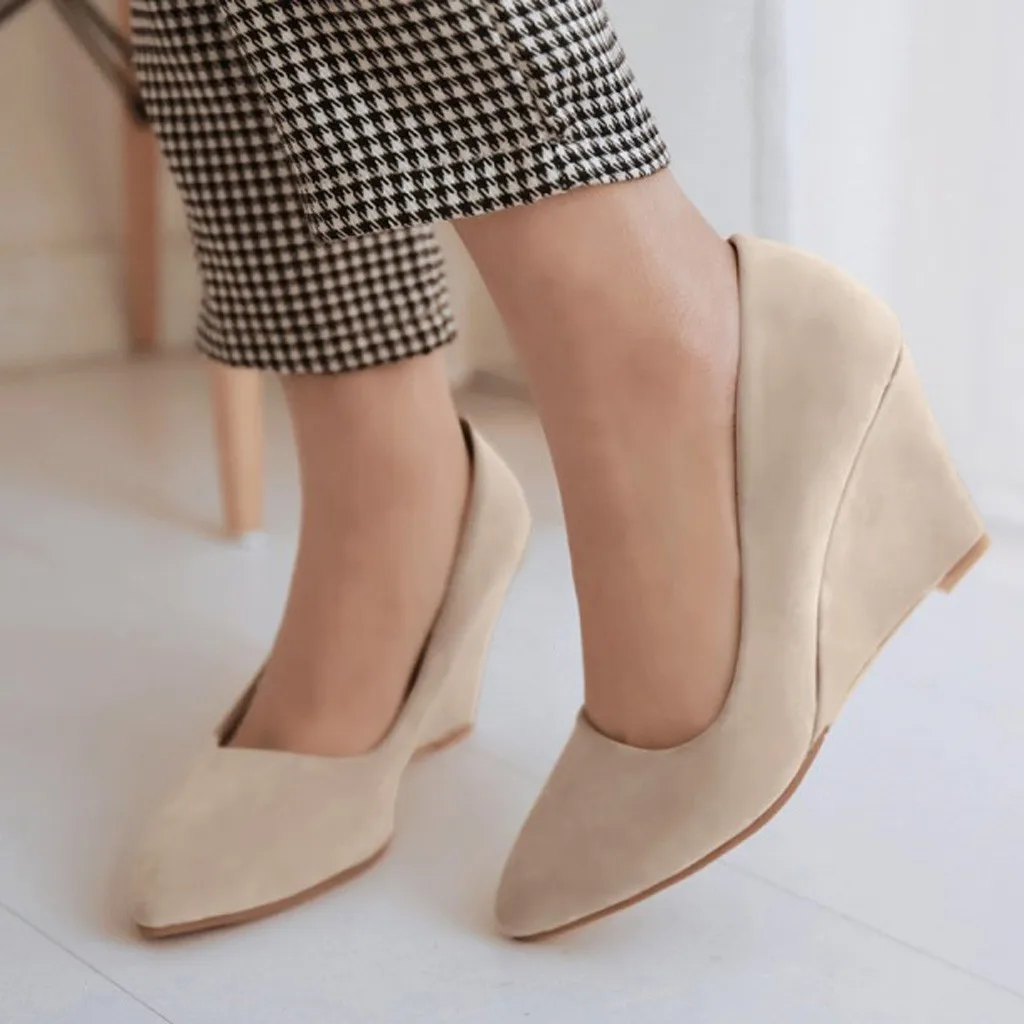 Women Shoes Casual Comfortable Pumps Fashion Solid Wedges High Heels Pointed Toe Suede High Quality Slip On Shallow Shoes