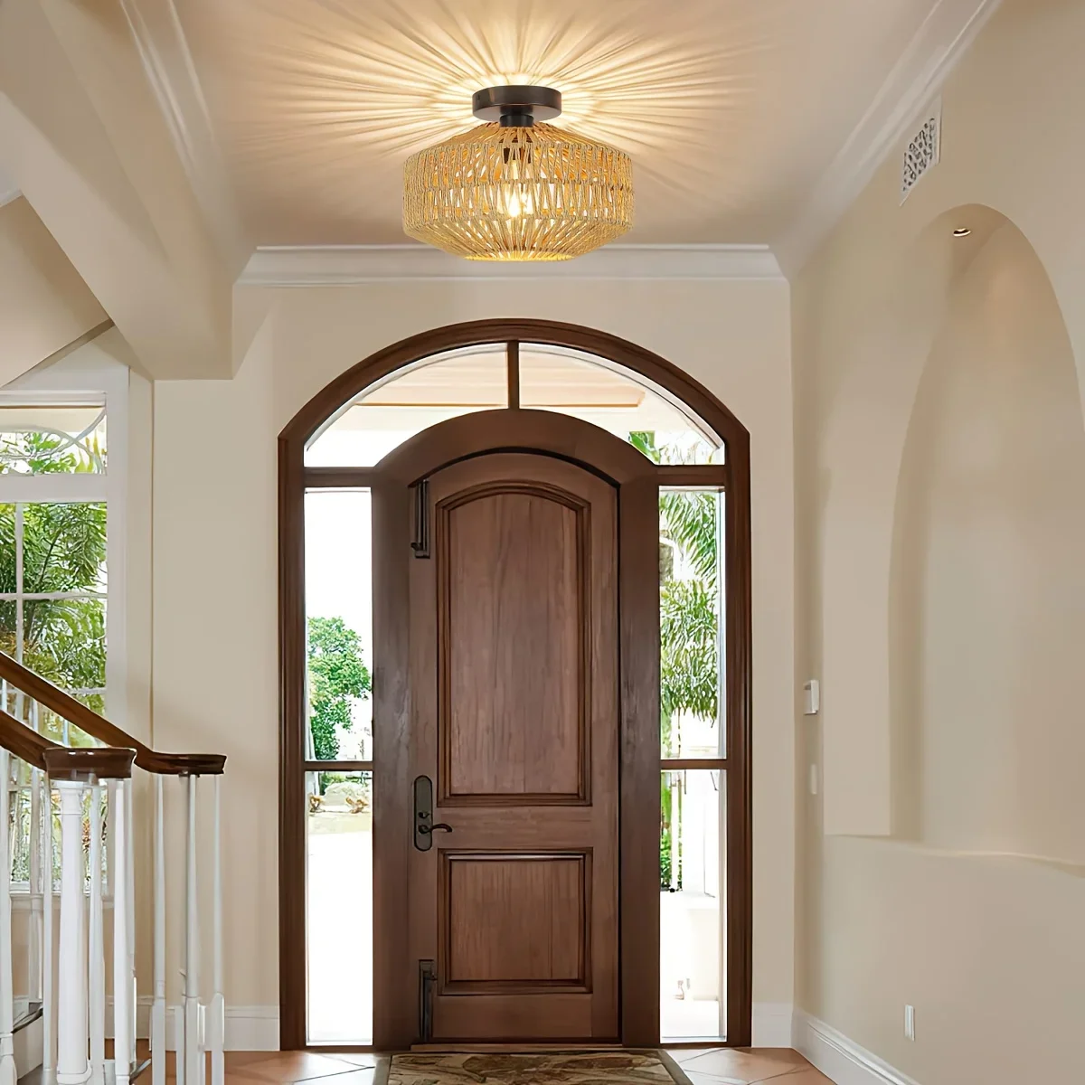 Boho Semi-Flush Mount Ceiling Lamp-Coastal Woven Hemp Rope Cage Retro Rustic Wicker Fixture for Bedroom Hallway Entryway Kitchen