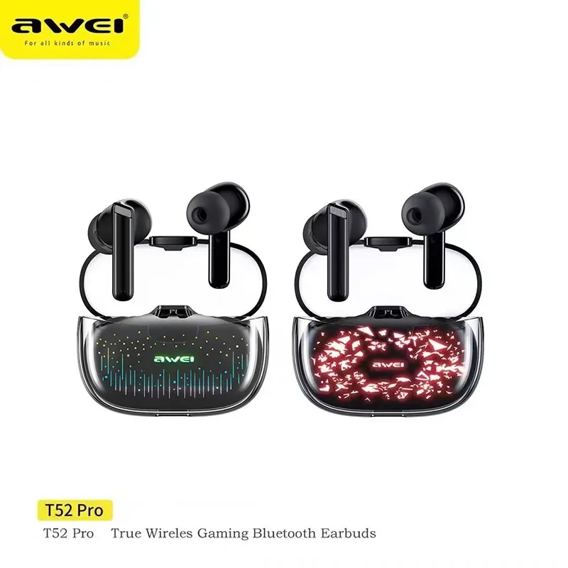 Auriculares Bluetooth 5.3 Awei T52pro, Auriculares Inalámbricos con Luz Intermitente de Colores, Auriculares Intrauditivos TWS para Juegos, Auriculares DNS