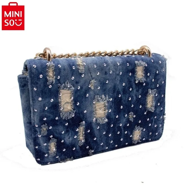 MINISO Disney Vintage Denim Trendy Chain Crossbody Bag Women\'s High Quality Mickey Minnie Printed Sweet Storage Small Square Bag