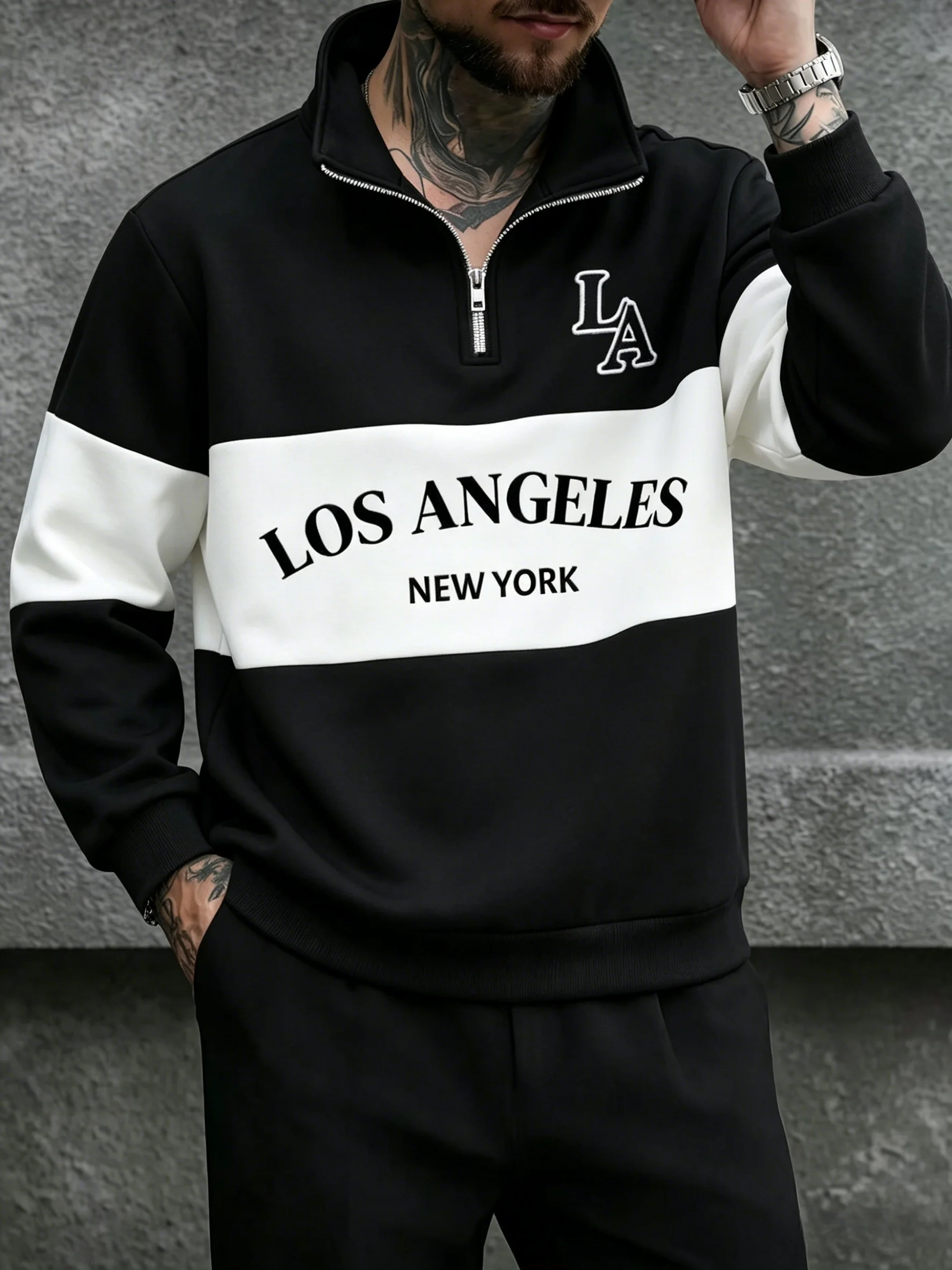 Sudadera con capucha para hombre, negra y blanca, con media cremallera, estampado de la letra LA, cuello alto, estilo casual holgado, para ropa masculina transfronteriza