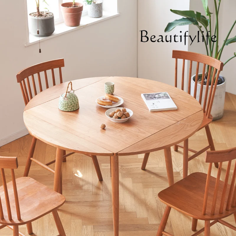 Nordic all-solid wood dining table and chair combination retro household small apartment  wood retractable folding round table