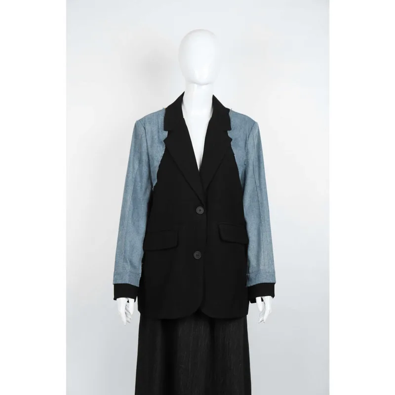 KWTX 2025, Frühling, Sommer, Damen-Kontrast-Blazer, Schwarz, Blau, zwei Knöpfe, Kerbe, Revers, hinten, Schlitz am Saum, Premium-Büro-Freizeitjacke