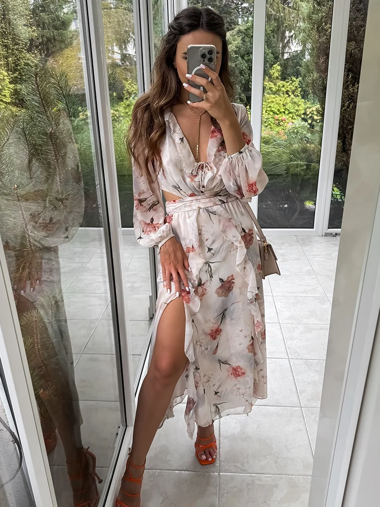 

TRAFZA Female Fashion Beach Style Dress Print V Neck Long Sleeves Hollow Out Waist Decorate Zipper Autumn Dresses Woman Trendy