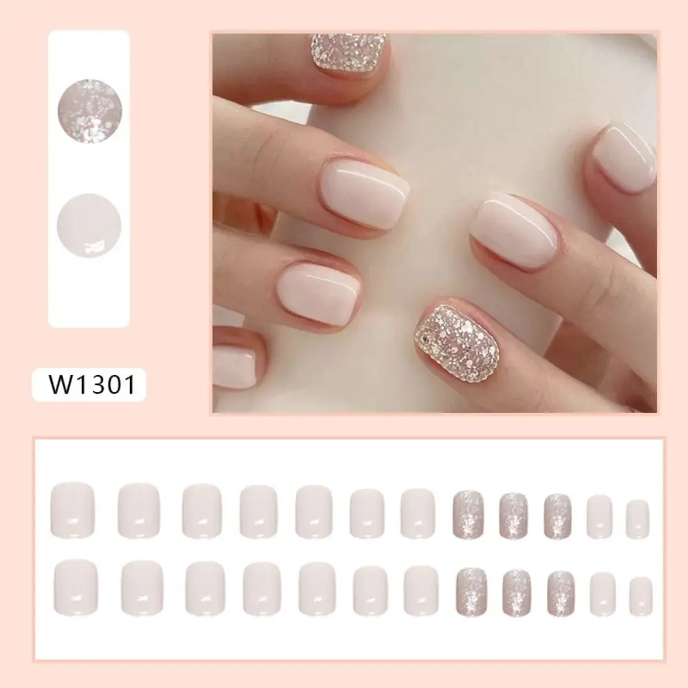 24pcs French Ballet Nail Wearable Square Head Simple White Fake Nails Glitter Powder Press on Nails Waterproof Faux Fingernails