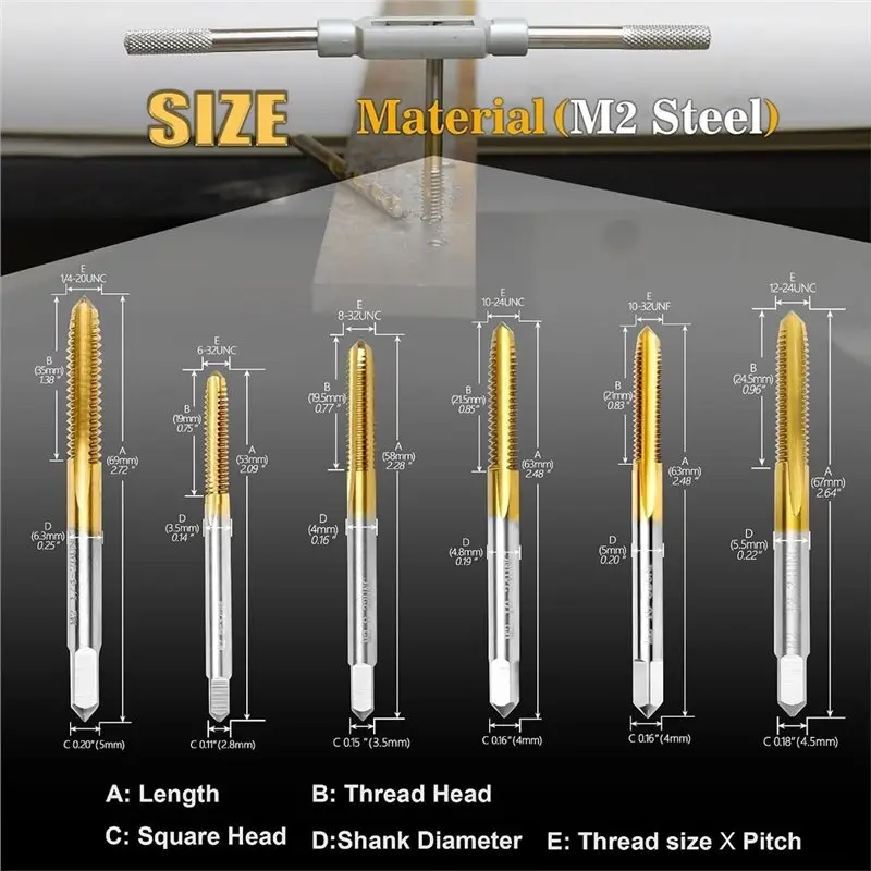 [newa08r】-for-metalaluminum-compatible-sae-tap-set-6pcs-with-1pc-tap-wrench-m2-hss-thread-for-6-32-unc-to-1-4-20-unc