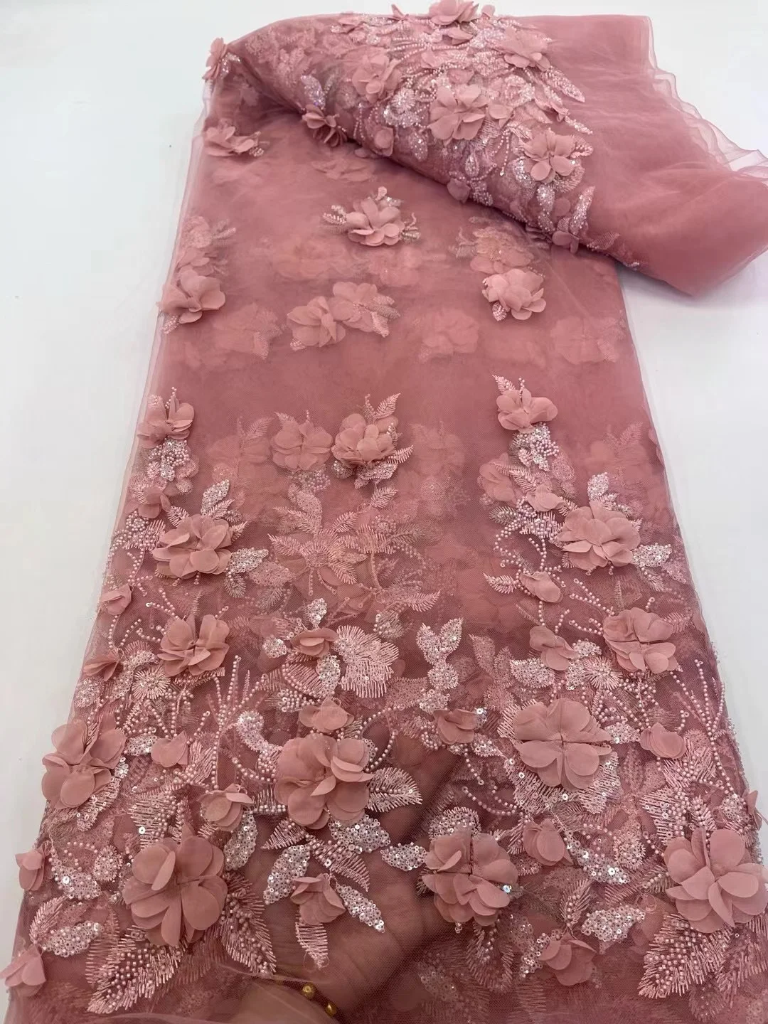 

2025 Fashion Elegant French 3D Flowers Embroidery Mesh Bead Lace Fabric African Nigerian Sequin Fabric For Wedding Dress