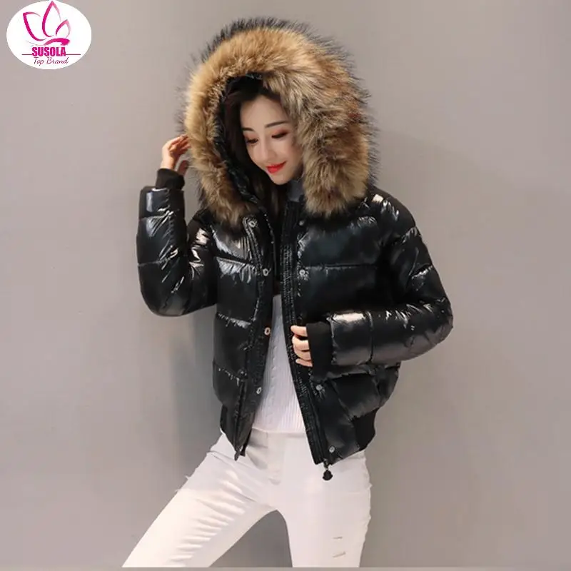 SUSOLA 5XL Winter Jacket Women Fur Coat Female Short Down Cotton Jacket Padded Thick Wool Collar Jacket Student Jacket Spring