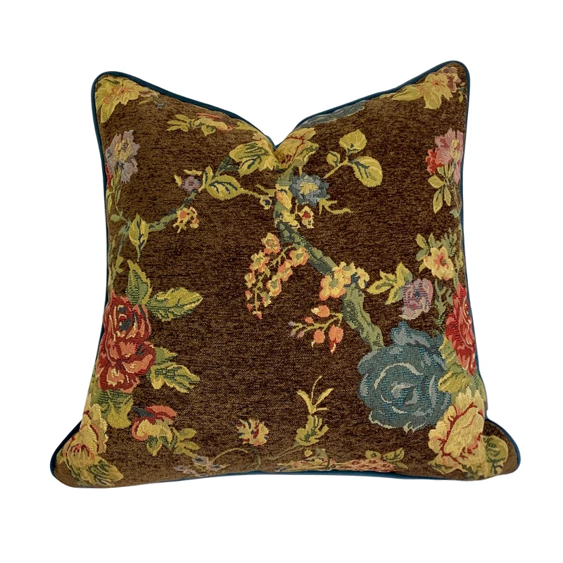 Hinyeatex Vintage Heavy Pillow Case Floral Brown Blue Plant Soft Chenille Velvet Cushion Cover 18x18 \