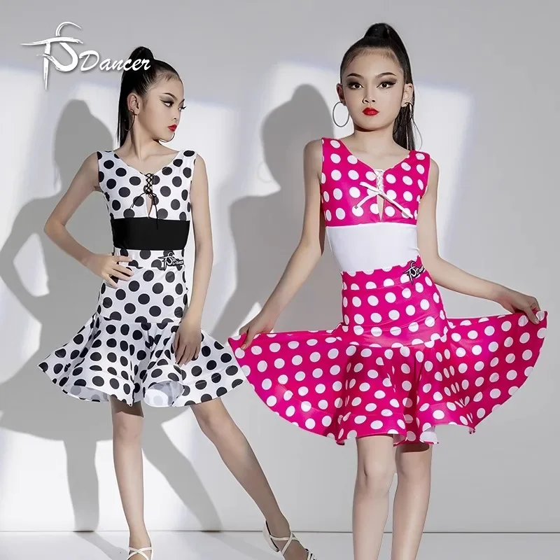 

customized professional practice clothes for children's Latin dance dress girls polka dot performance clothes dance skirt suit