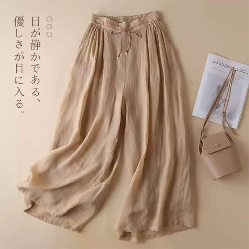

Женские брюки из льна цвета хаки, однотонные, повседневные, на шнуровке, с эластичным поясом, свободные, широкие штанины, длина до щиколотки, для женщин, одежда 2026