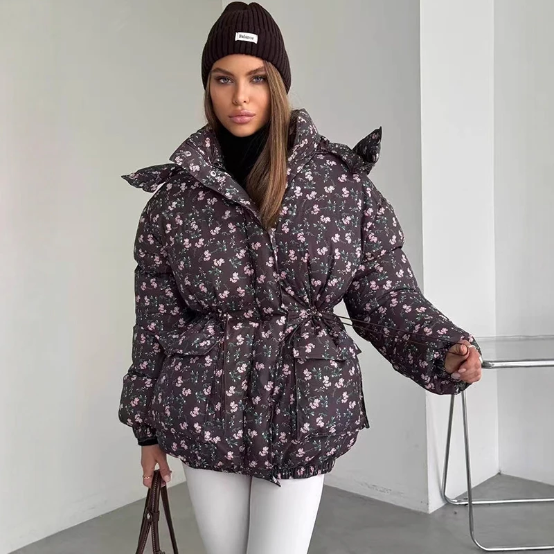 Tornova Modna Kurtka z Kapturem z Nadrukiem, Bawełniana, Damska, Sznurowana, Nowość Jesień Zima 2025, Ciepły Płaszcz, Do Pracy, Na Wakacje, Damska Kurtka