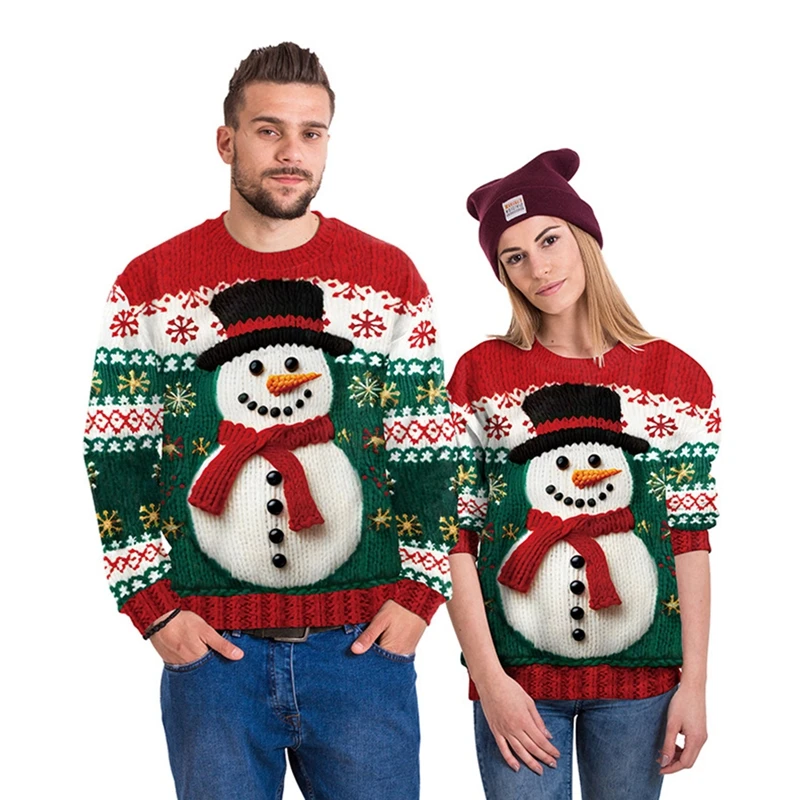 

2024 Christmas Couples Sweatshirts Snowman Christmas Tree Pattern Sweater Pullovers Winter Jumpers Warm Thicken Knitwear