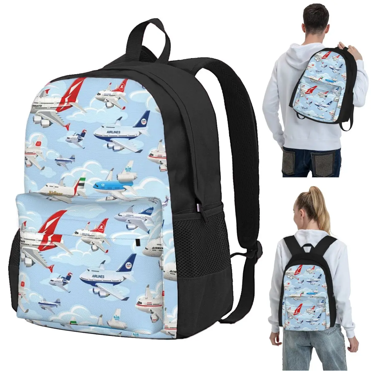 Cartoon Commercial Airplanes Seamless Pattern Backpack Student BookBag Children School Bag Computer Shoulder Bags for Men Women