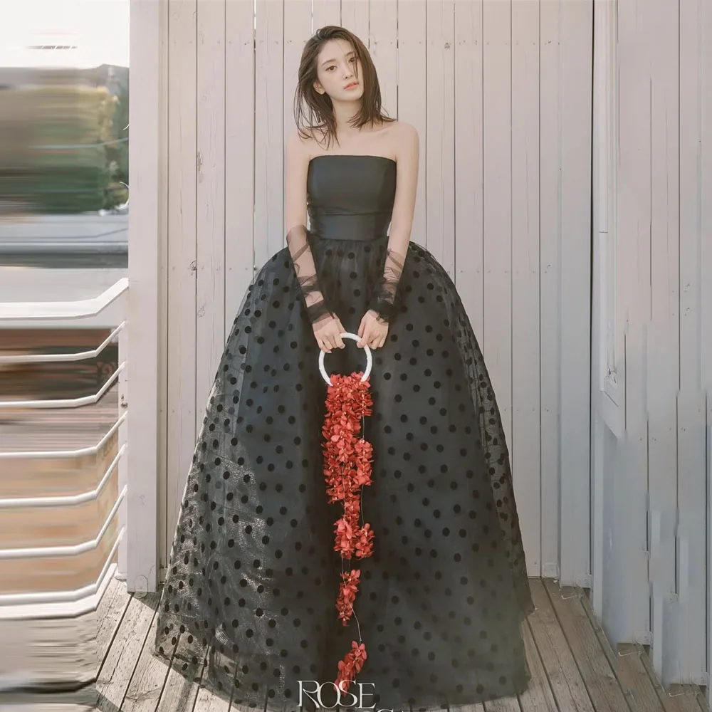 

TULX Elegant Black Dot Tulle Evening Dresses Korea Wedding Photo Shoot Strapless A-line Long Party Dress Corset Customized 2026