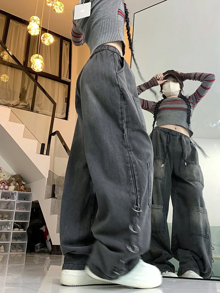 Jean à jambes larges pour femmes, style américain rétro, ample, mode cargo, taille extensible, cordon de serrage